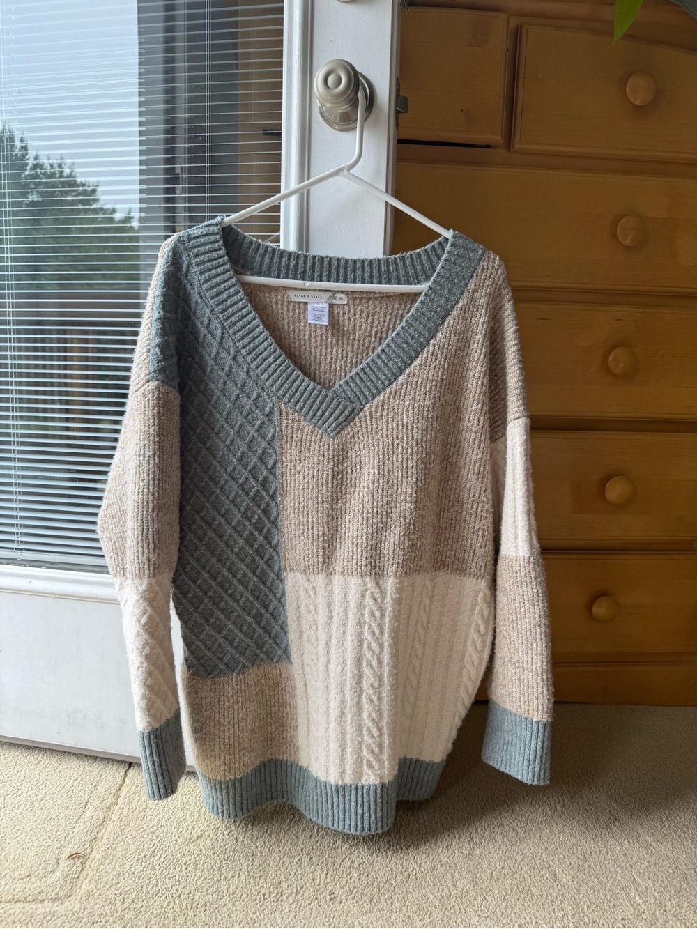 Altar'd State Sage and Cream Patchwork V-Neck Sweater